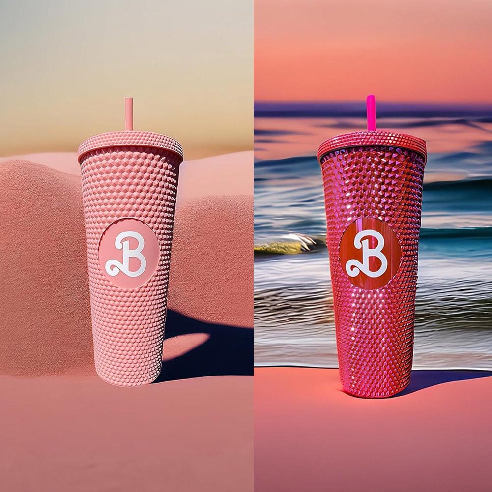 Bình Nước Màu Hồng Có Ống Hút Di Động Phong Cách Búp Bê Barbie Mới