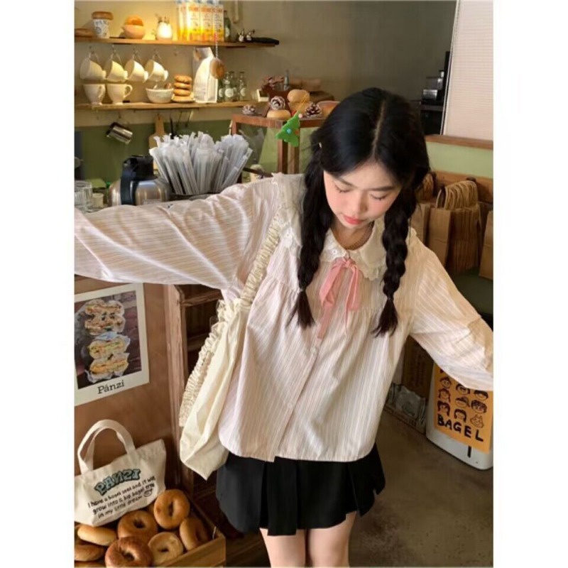 Áo Sơ Mi Tay Dài Dáng Rộng Cổ Búp Bê Kẻ Sọc Xinh Xắn Cho Bạn Gái