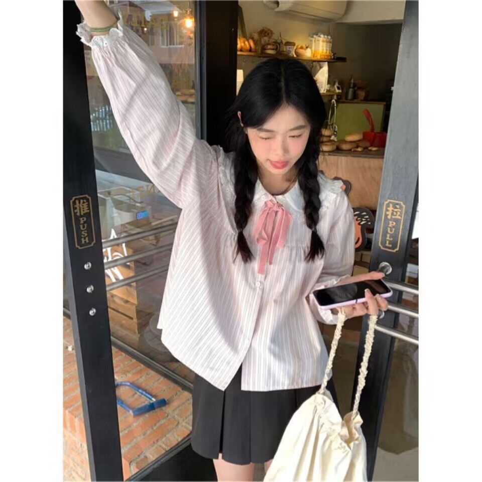 Áo Sơ Mi Tay Dài Cổ Búp Bê Họa Tiết Kẻ Sọc Phong Cách Nhật Bản Thời Trang Xuân Hè Mới 2023 Dành Cho Bạn Nữ