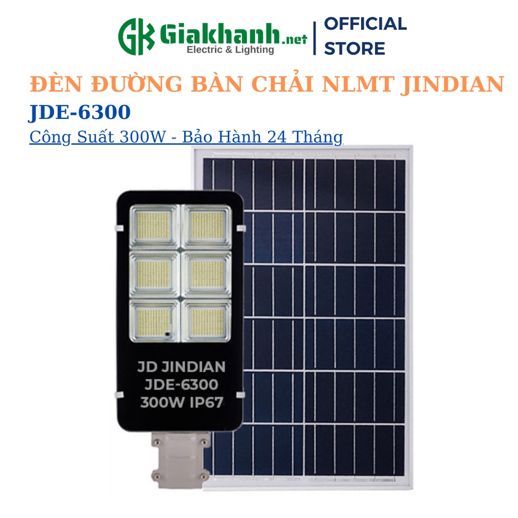 Đèn Năng Lượng Mặt Trời Đèn Đường Bàn Chải NLMT Jindian JDE-6300 Công Suất 300W Khung Nhôm Chip Led 