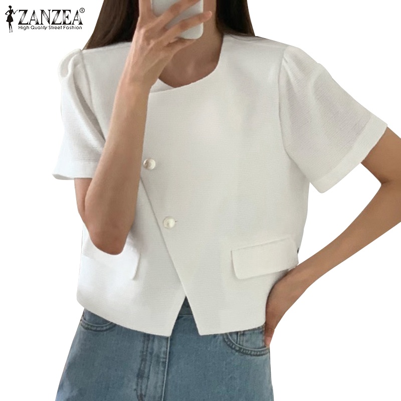 Zanzea Áo Khoác blazer Tay Ngắn Phồng Cổ Tròn Phong Cách Hàn Quốc Dành Cho Nữ
