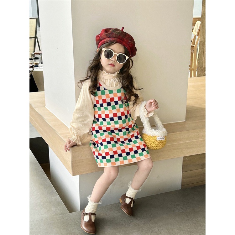 SET ÁO SƠ MI TAY BỒNG ĐIỆU ĐÀ MIX VÁY LEN BA LỖ KẺ CARO SẮC MÀU NỔI BẬT CHO BÉ- HÀNG QCCC