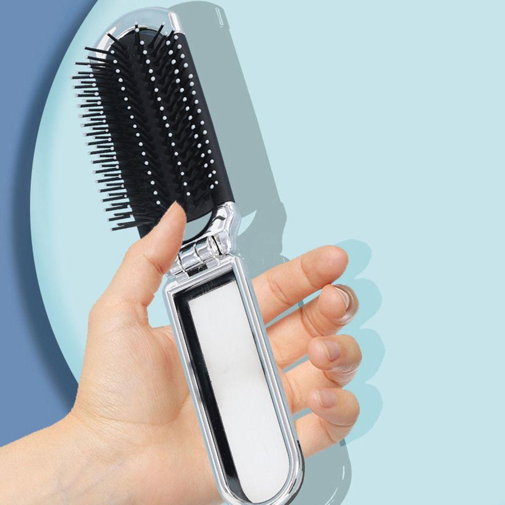 Lược chải tóc SKJK màu bạc massage da đầu có gương trang điểm mini có thể gập lại