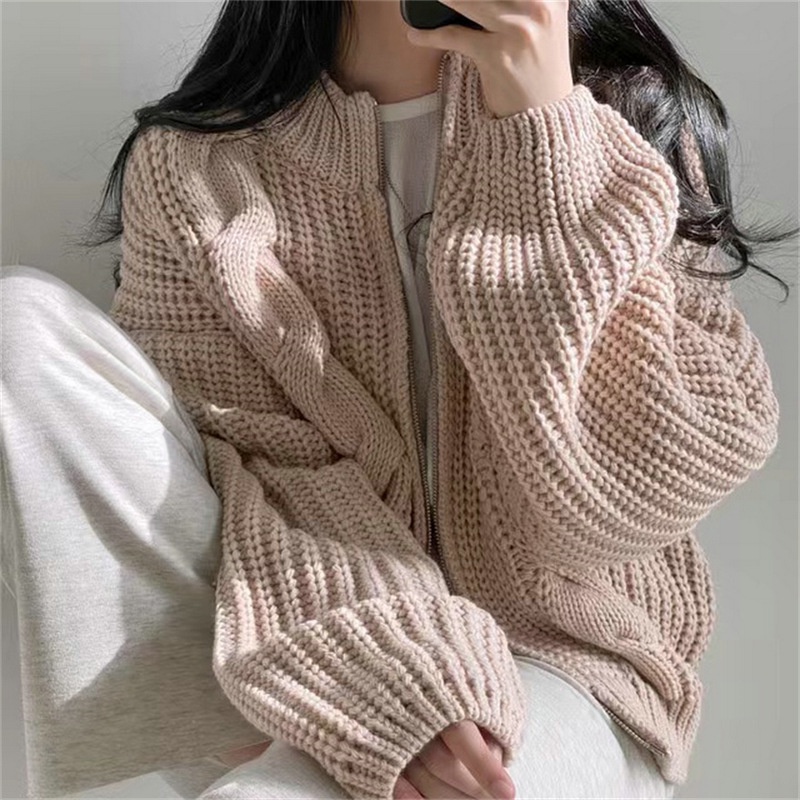 Áo Khoác Len cardigan Dáng Rộng Có Khóa Kéo Phong Cách Hàn Quốc Thời Trang Thu Đông Hàng Mới  HZFWC8034