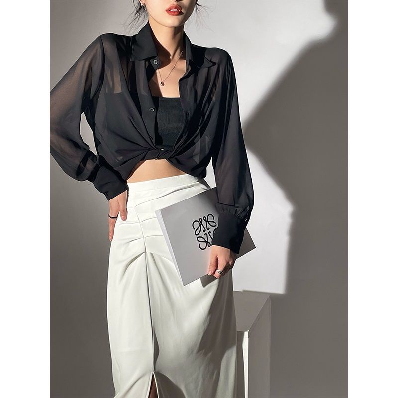 Áo Khoác Sơ Mi Voan Mỏng Xuyên Thấu Dài Tay Thời Trang Mùa Hè Dành Cho Nữ