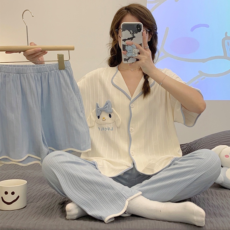 💄Bộ Đồ Ngủ Pijama💄Bán Trực Tiếp Từ Nhà Máy Bộ Đồ Ngủ Pijama Ba Mảnh Áo cardigan Ngắn Tay Quần Tây Nam Ám Châu Á Nóng Bỏng