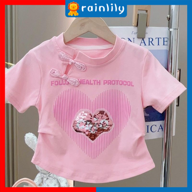 Áo Thun cotton Nguyên Chất Tay Ngắn Đính Nút Kiểu Sườn Xám Trung Hoa Thời Trang Mùa Hè 2023 Cho Bé Gái
