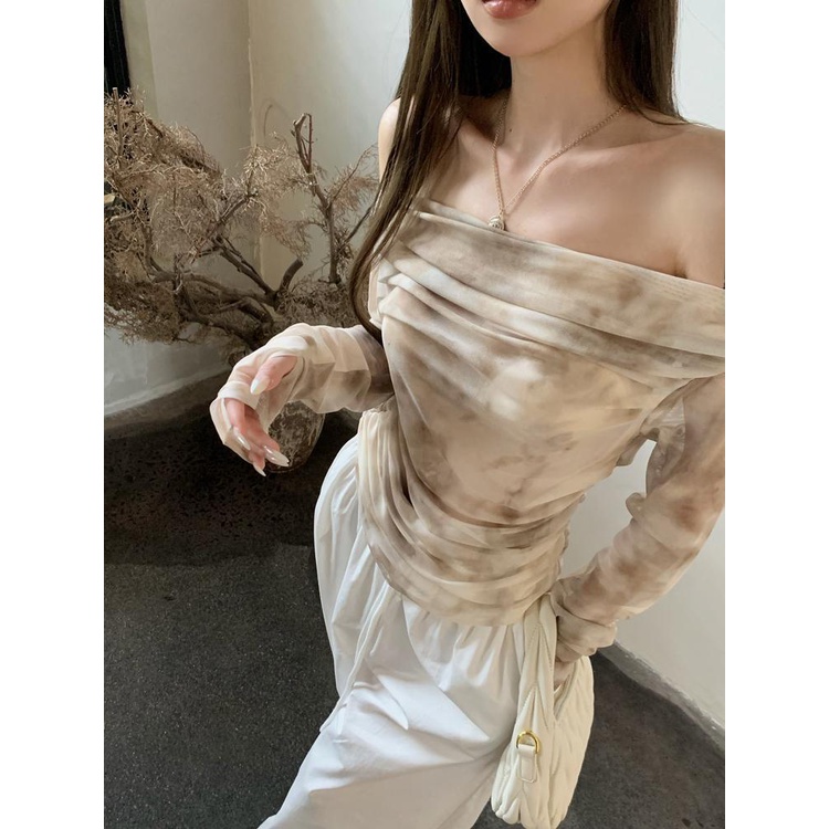 Áo Kiểu Trễ Vai Dài Tay Họa Tiết Màu Nhuộm Phong Cách Pháp Thời Trang