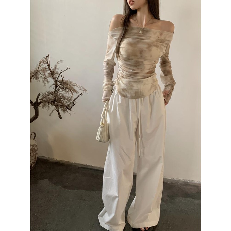 Áo Kiểu Trễ Vai Dài Tay Họa Tiết Màu Nhuộm Phong Cách Pháp Thời Trang