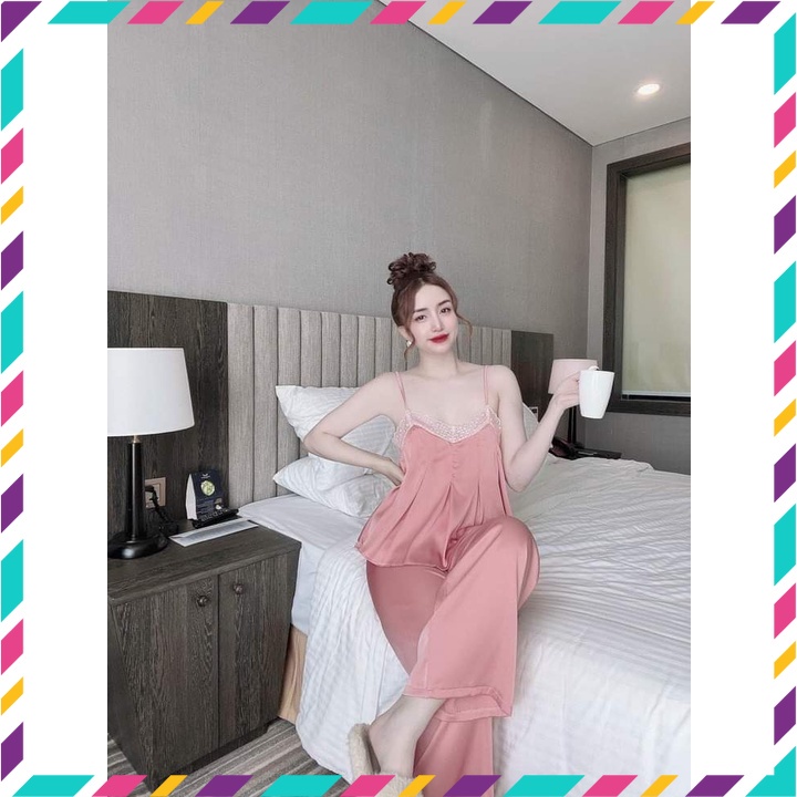 đồ bộ 2 dây nữ lụa, Đồ bộ ngủ nữ sexy quần dài lụa satin Freesize 54kg - CN16