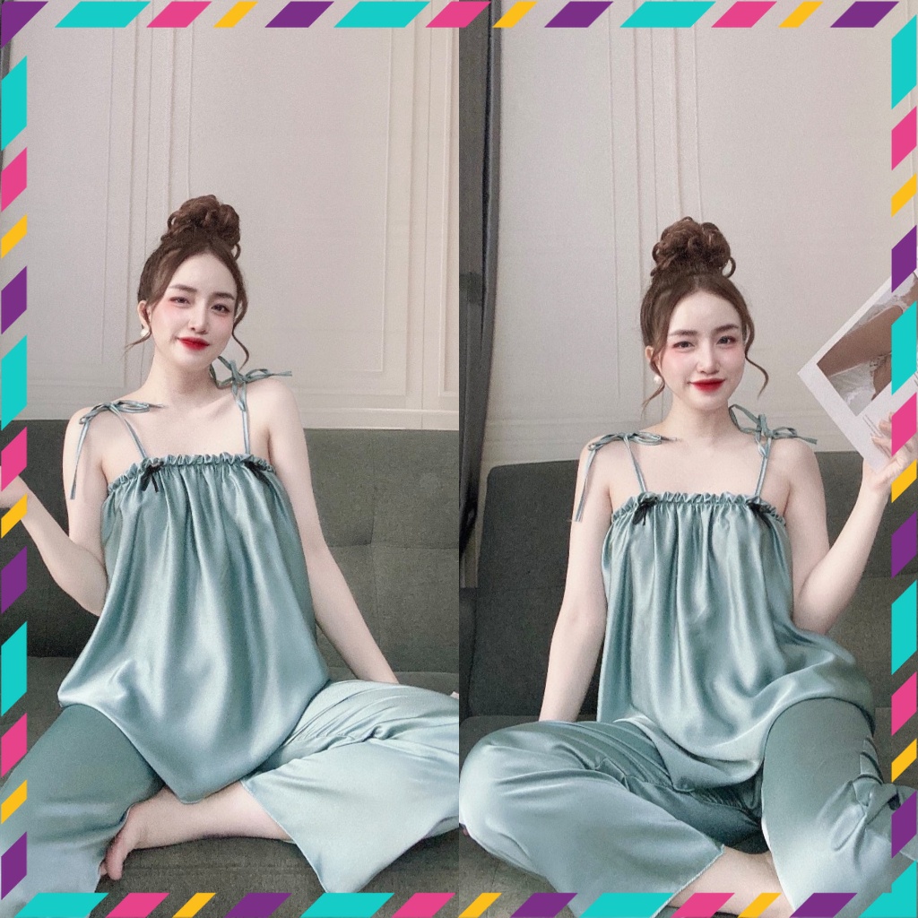 đồ bộ nữ quần dài, đồ ngủ nữ áo 2 dây vải satin freesize 54kg - CN09