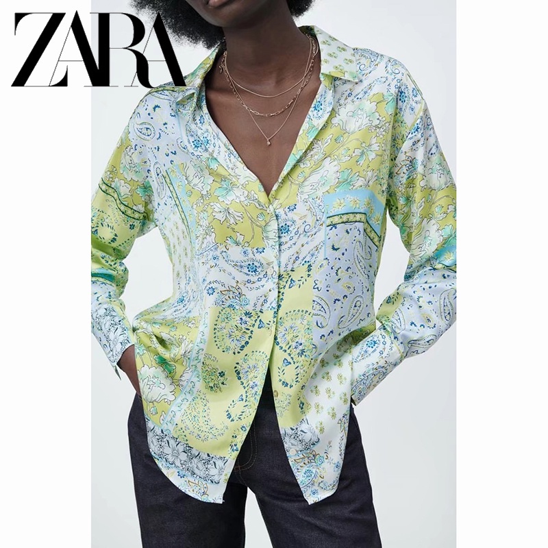 Zara Áo Sơ Mi Lụa satin In Hoa Thời Trang Dành Cho Nữ