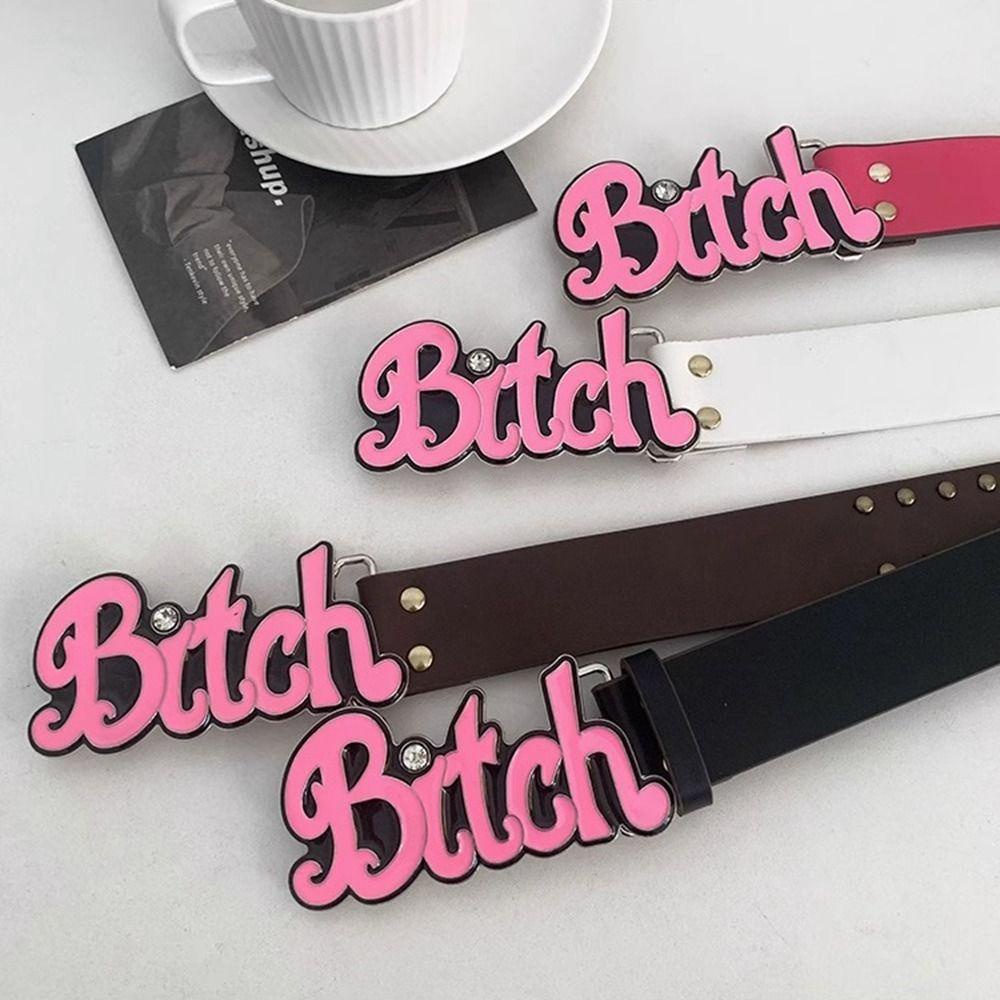 Oceanmap Thắt Lưng Da pu Màu Hồng Đính Đinh Tán Và Chữ Cá Tính Cho Nam y2k