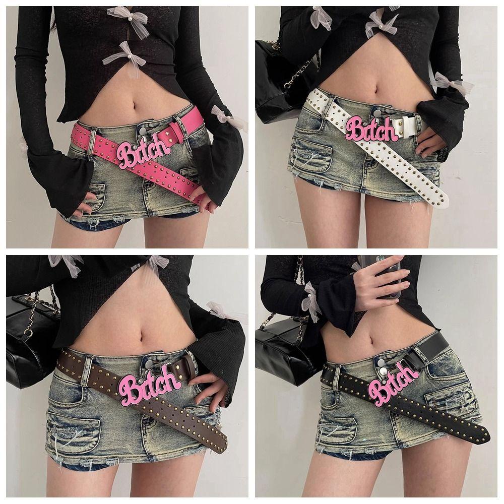 Oceanmap Thắt Lưng Da pu Màu Hồng Đính Đinh Tán Và Chữ Cá Tính Cho Nam y2k