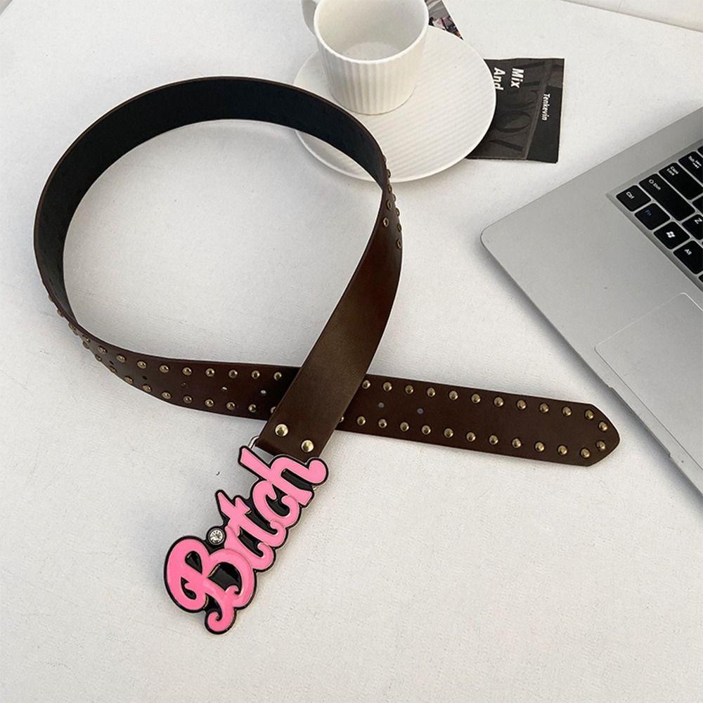 Oceanmap Thắt Lưng Da pu Màu Hồng Đính Đinh Tán Và Chữ Cá Tính Cho Nam y2k