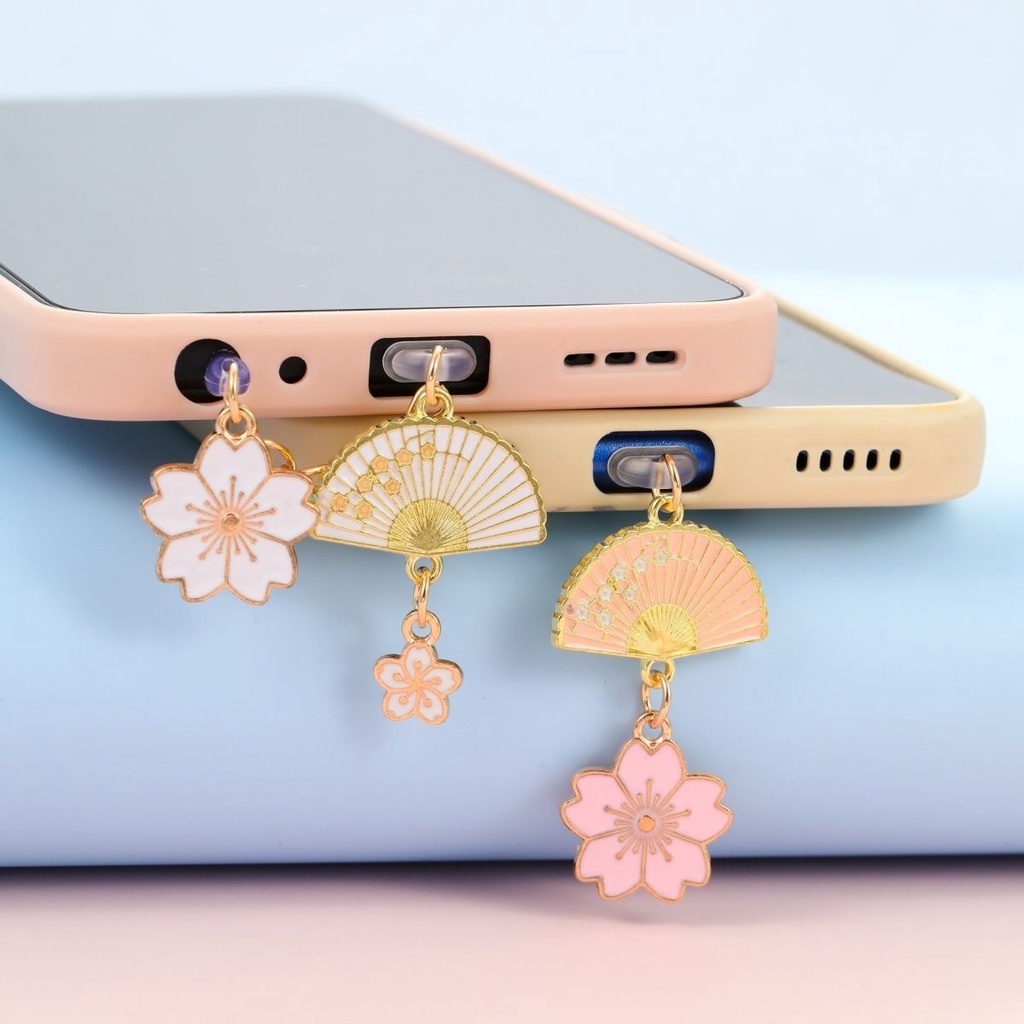 Retro fan size cherry blossom mobile phone charging port headphone hole dust plug ornaments pendant plug male and female lovers