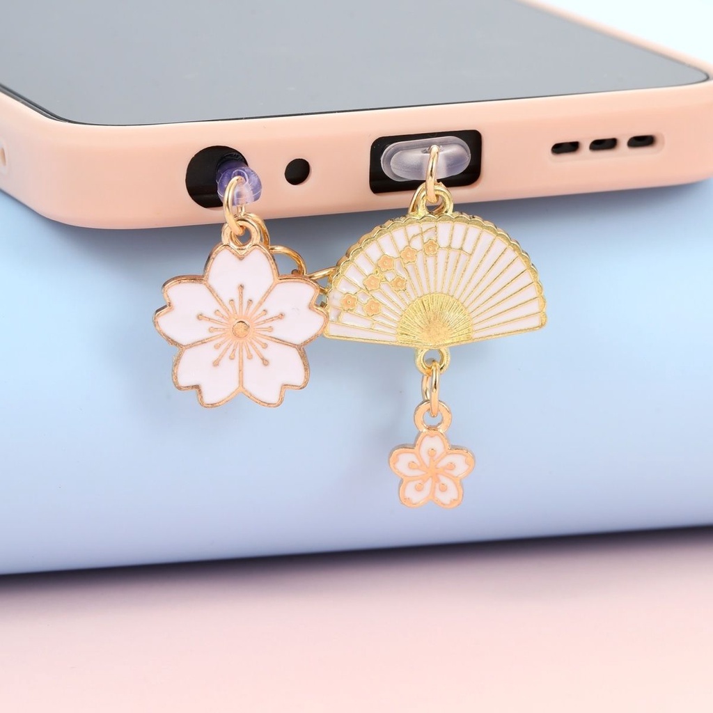 Retro fan size cherry blossom mobile phone charging port headphone hole dust plug ornaments pendant plug male and female lovers