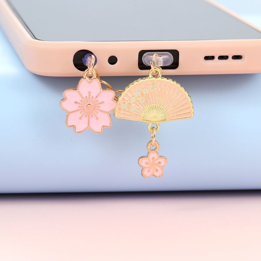 Retro fan size cherry blossom mobile phone charging port headphone hole dust plug ornaments pendant plug male and female lovers