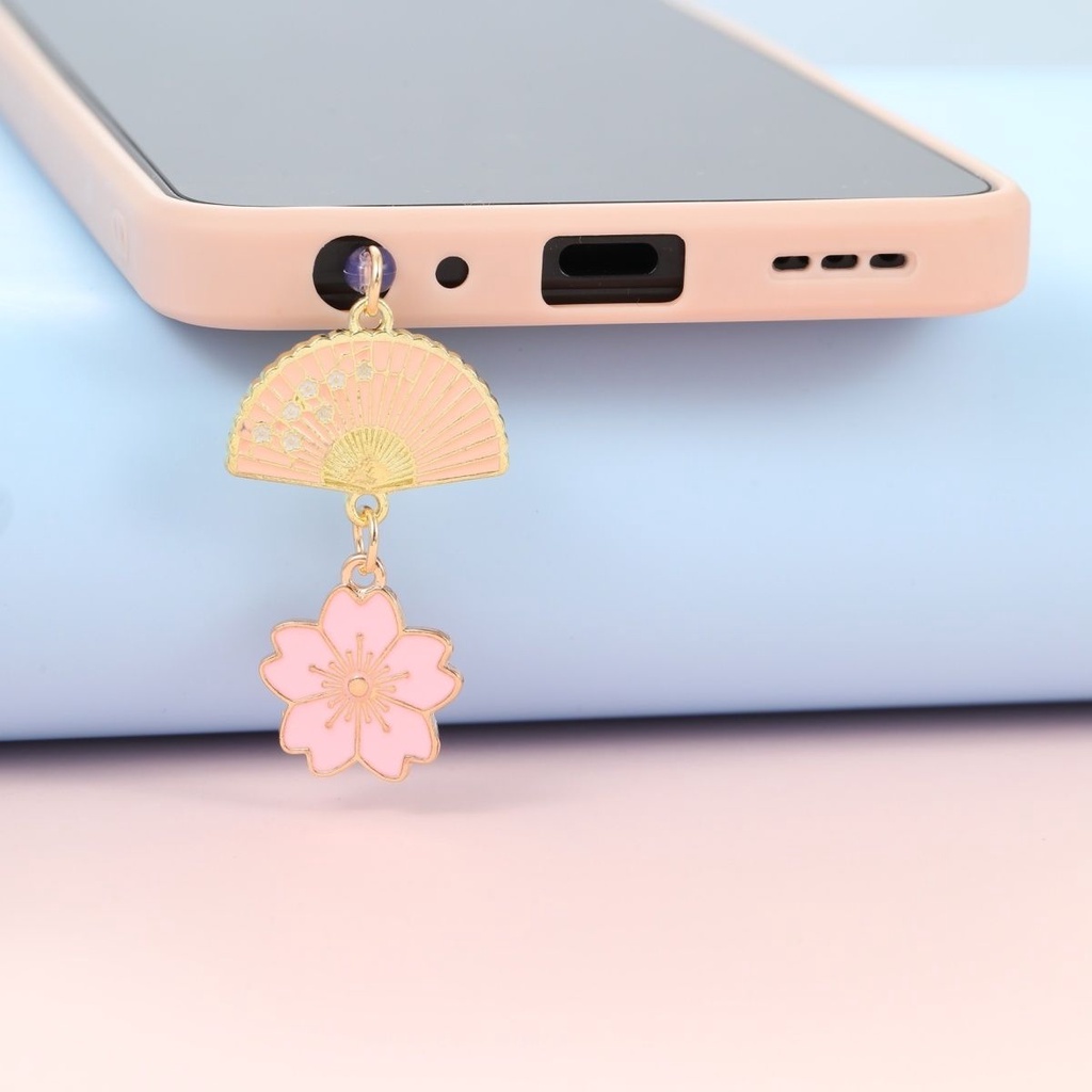Retro fan size cherry blossom mobile phone charging port headphone hole dust plug ornaments pendant plug male and female lovers