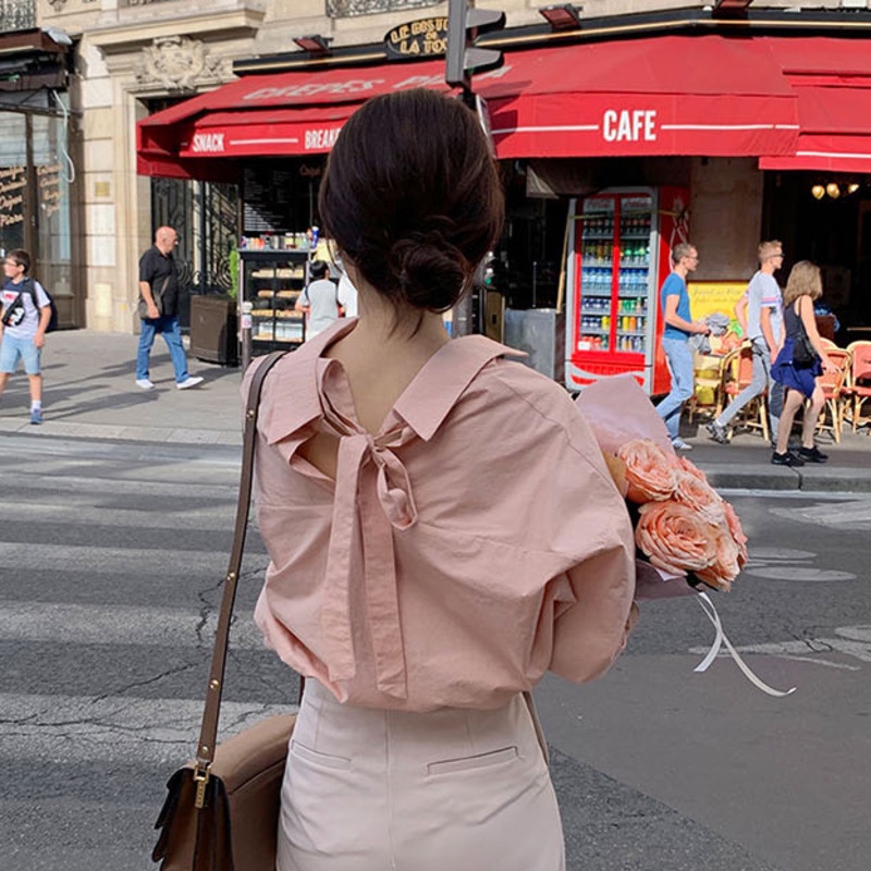 Áo sơ mi nữ RENJIANVSHENG tay dài dáng rộng màu hồng thời trang Hàn Quốc