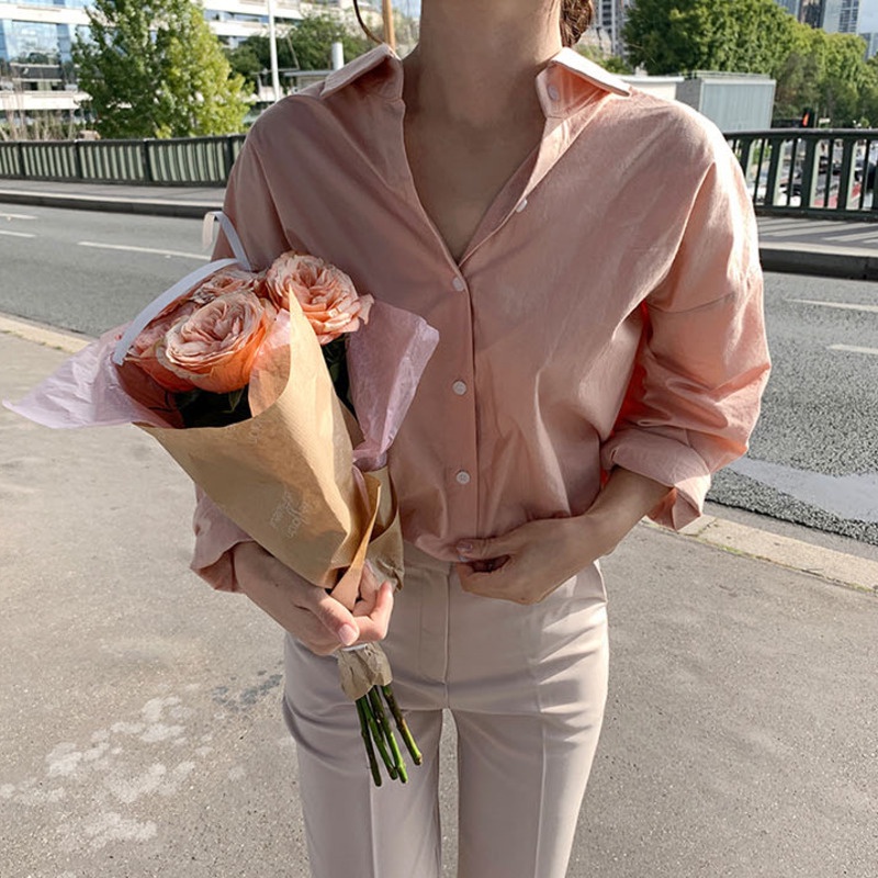 Áo sơ mi nữ RENJIANVSHENG tay dài dáng rộng màu hồng thời trang Hàn Quốc