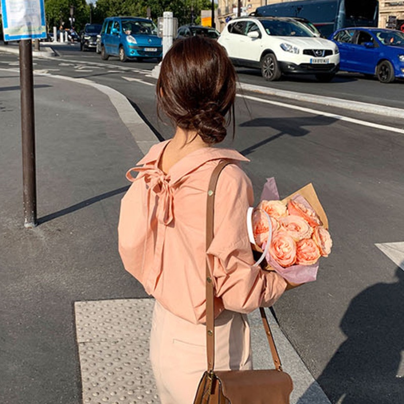 Áo sơ mi nữ RENJIANVSHENG tay dài dáng rộng màu hồng thời trang Hàn Quốc