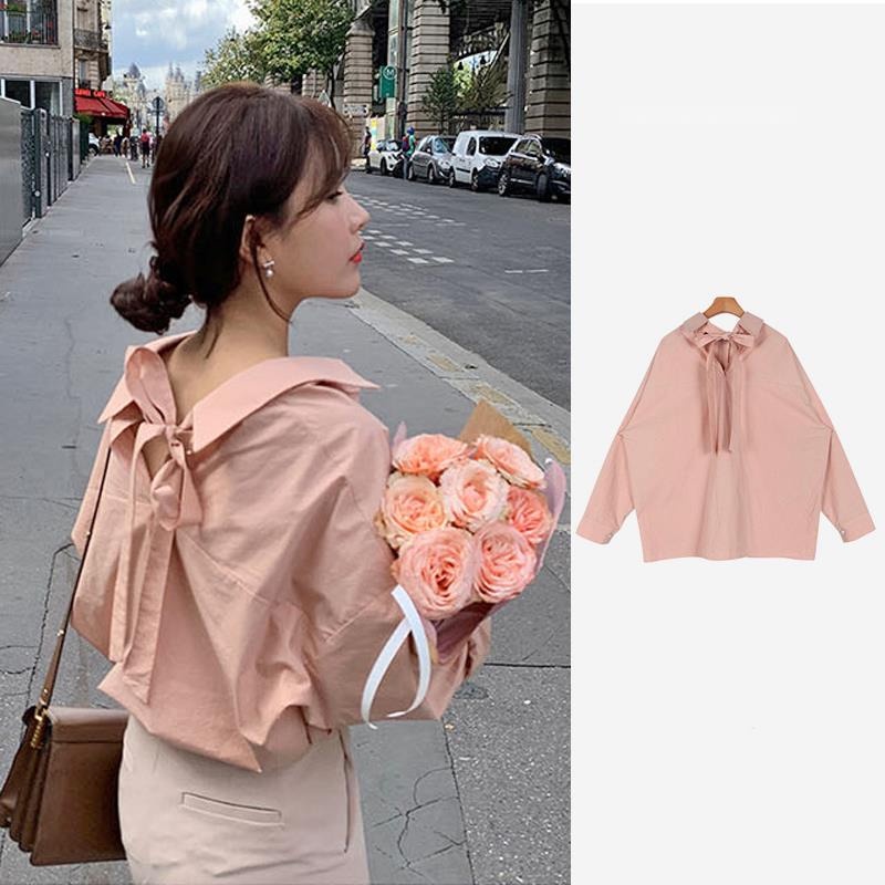 Áo sơ mi nữ RENJIANVSHENG tay dài dáng rộng màu hồng thời trang Hàn Quốc