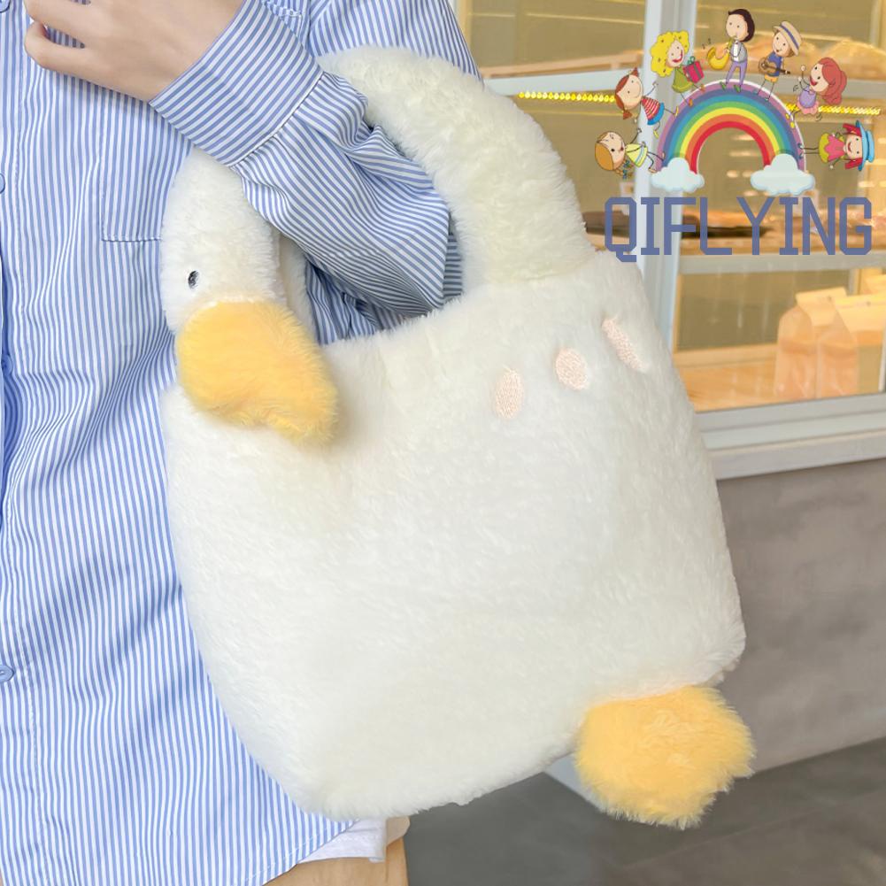 Túi tote Xách Tay Bằng Vải Lông Màu Trắng Ấm Áp Hình Con Ngỗng Dễ Thương Thời Trang Dành Cho Thanh Thiếu