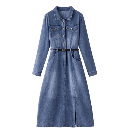 Đầm denim Dài Tay Dáng Dài Qua Gối Phong Cách retro Nữ Tính
