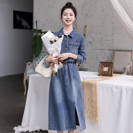 Đầm denim Dài Tay Dáng Dài Qua Gối Phong Cách retro Nữ Tính