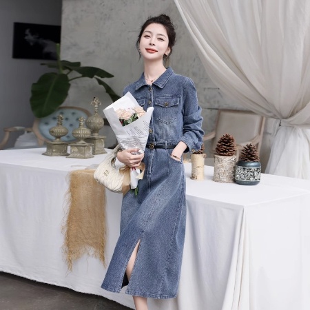 Đầm denim Dài Tay Dáng Dài Qua Gối Phong Cách retro Nữ Tính