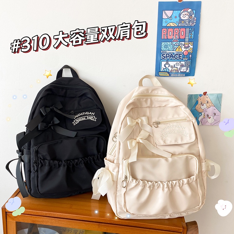 Ba Lô Mềm Xếp Ly Thắt Nơ Màu Tương Phản Dễ Thương Phong Cách Nhật Bản Cho Nữ Sinh