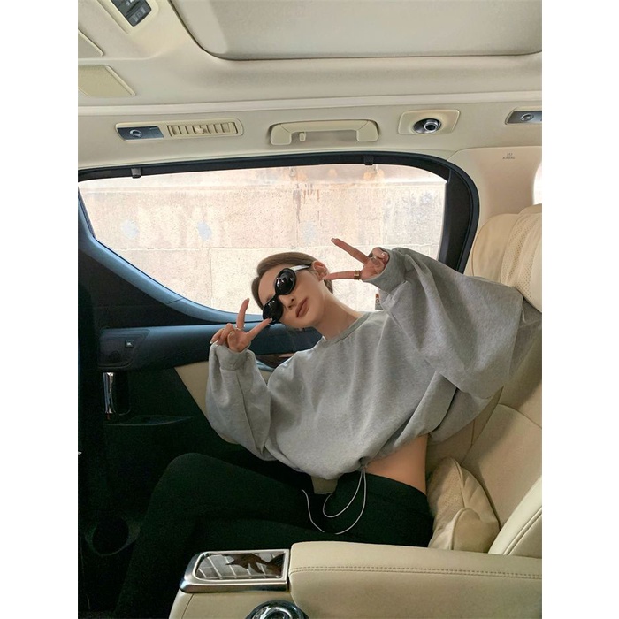 Áo sweatshirt Dáng Rộng Ngắn Tay Dài Eo Cao Thiết Kế Phong Cách Lười Mỹ Cho Nữ