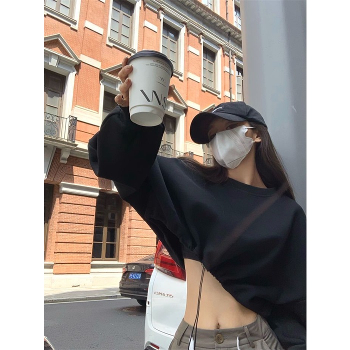 Áo sweatshirt Dáng Rộng Ngắn Tay Dài Eo Cao Thiết Kế Phong Cách Lười Mỹ Cho Nữ