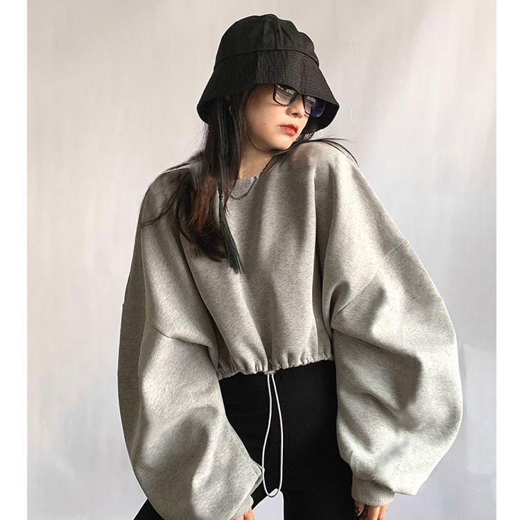 Áo sweatshirt Dáng Rộng Ngắn Tay Dài Eo Cao Thiết Kế Phong Cách Lười Mỹ Cho Nữ