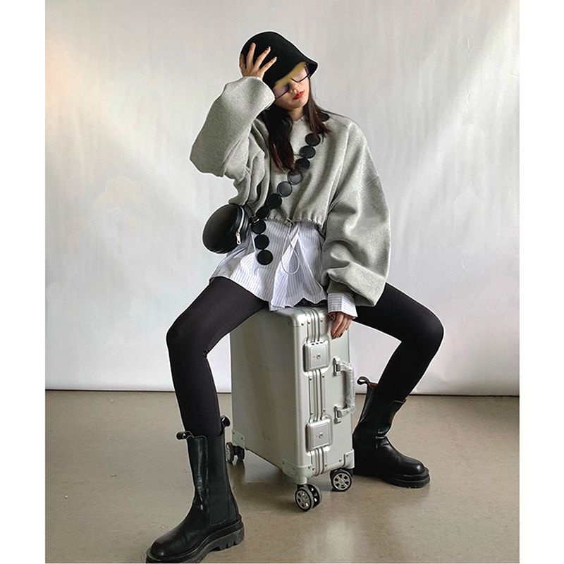 Áo sweatshirt Dáng Rộng Ngắn Tay Dài Eo Cao Thiết Kế Phong Cách Lười Mỹ Cho Nữ