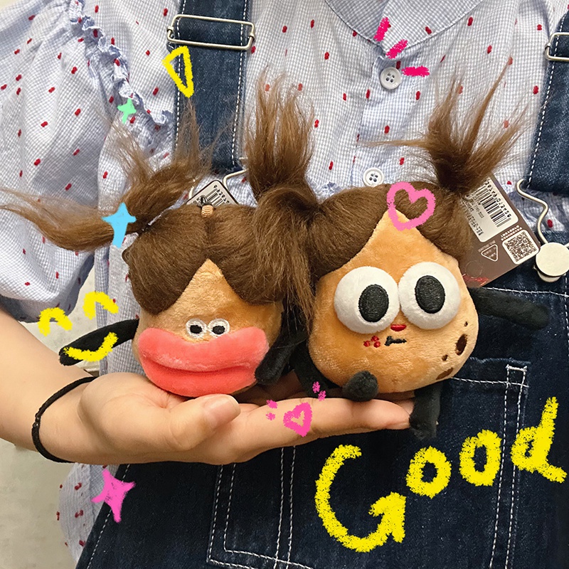 Dopamine doll keychain creative plush pocket keychain diy bag mặt dây chuyền tóc xoăn búp bê key ring trang trí