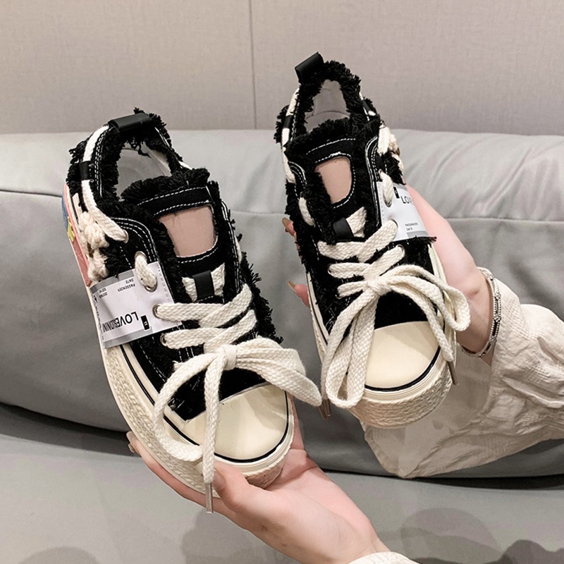 Giày Sneaker Vải Smile Đáng Yêu Đế Bằng Phối Dây Bản To Giày Thể Thao Kiểu Nữ Mới 2023
