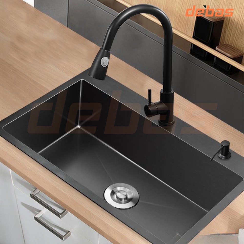 Chậu rửa bát đúc 1 hố to inox mạ nano đen Debas  4045 6045 8245