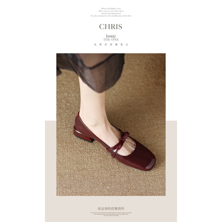 Giày Búp Bê Da Bóng Gót Thấp Đính Nơ Phong Cách retro Pháp 2023 Cho Nữ