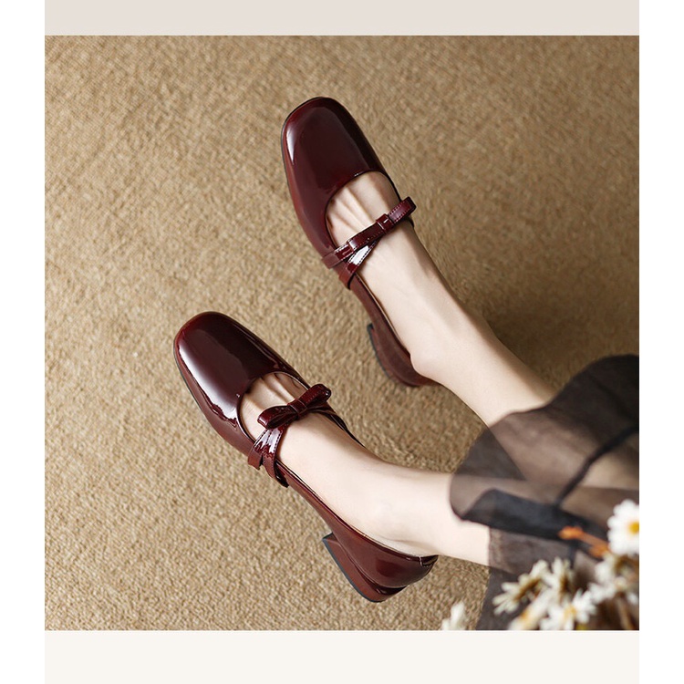 Giày Búp Bê Da Bóng Gót Thấp Đính Nơ Phong Cách retro Pháp 2023 Cho Nữ