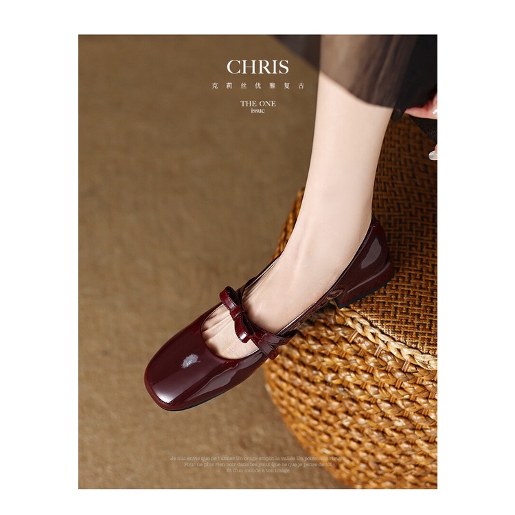 Giày Búp Bê Da Bóng Gót Thấp Đính Nơ Phong Cách retro Pháp 2023 Cho Nữ