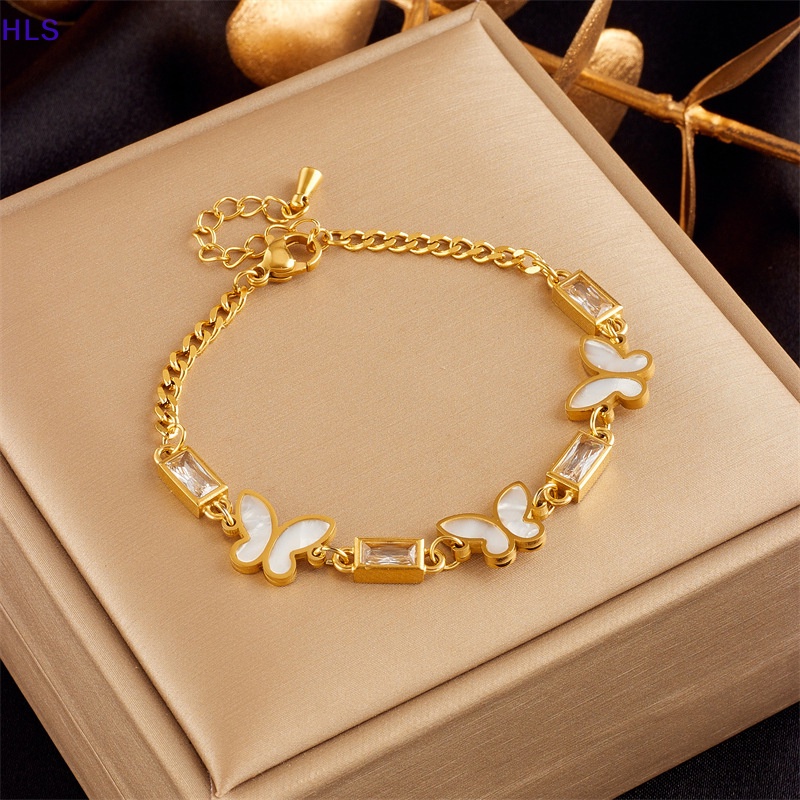 Vòng Tay Dây Xích Bằng Thép Titan Mặt Hình Bướm Màu Vàng Thời Trang Không Phai Cho Nữ