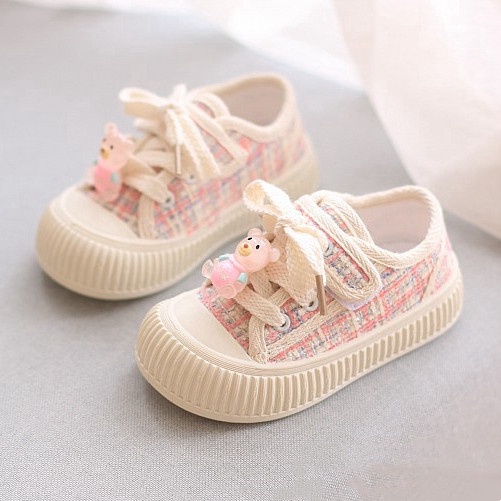 Giày Thể Thao Vải canvas Phối Sọc Caro Họa Tiết Chú Gấu Dễ Thương Cho Bé Gái