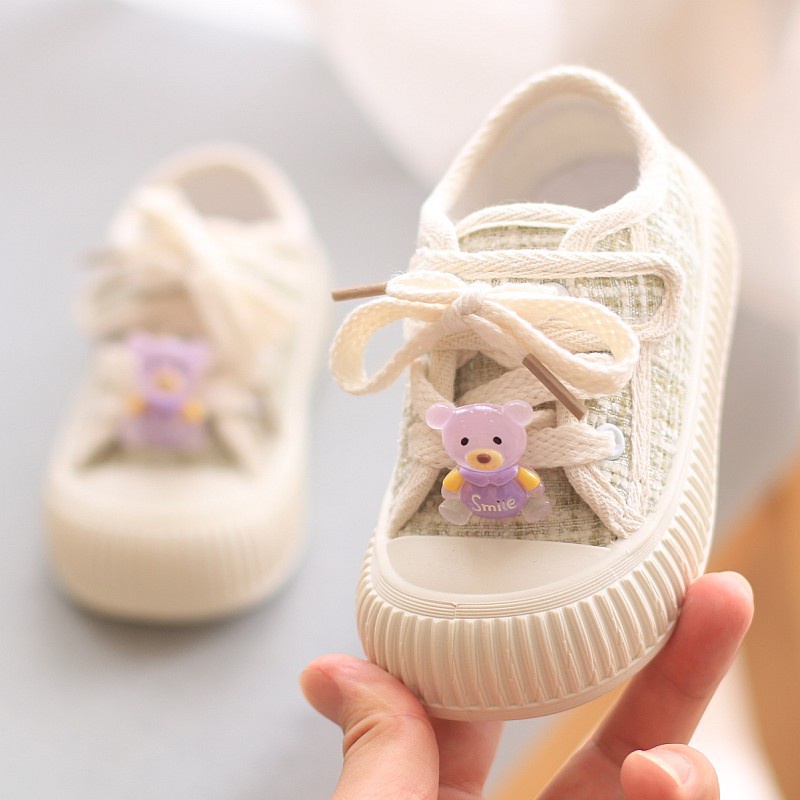 Giày Thể Thao Vải canvas Phối Sọc Caro Họa Tiết Chú Gấu Dễ Thương Cho Bé Gái