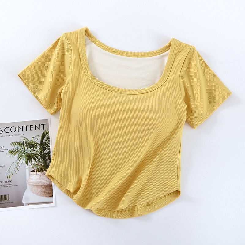 Áo Thun Tay Ngắn Cổ Vuông 2 Trong 1 Có Đệm Ngực Thời Trang Hàn Quốc Cho Nữ
