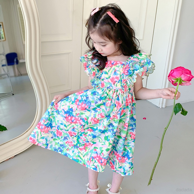 Đầm Hoa Cổ Vuông Phối Bèo Thời Trang Mùa Hè Hàn Quốc Cho Bé Gái