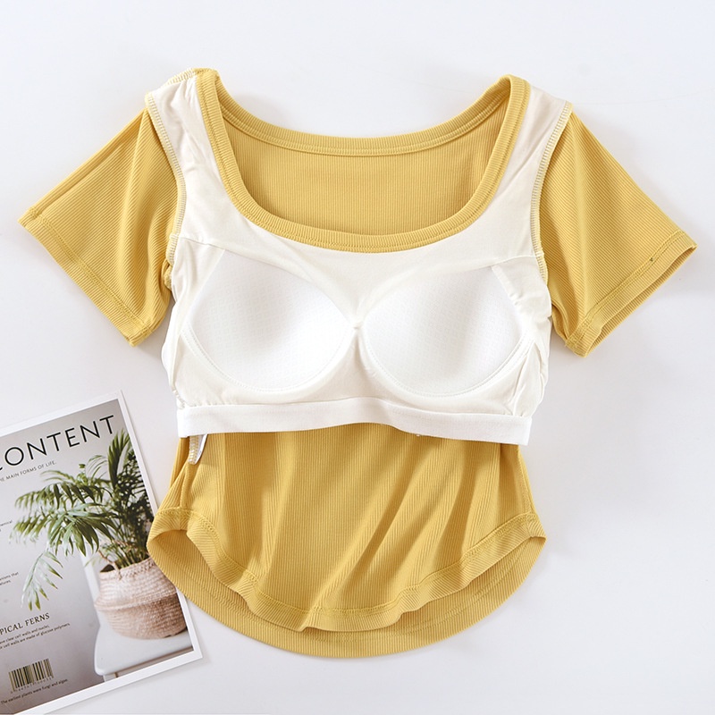 Áo Thun Tay Ngắn Cổ Vuông 2 Trong 1 Có Đệm Ngực Thời Trang Hàn Quốc Cho Nữ
