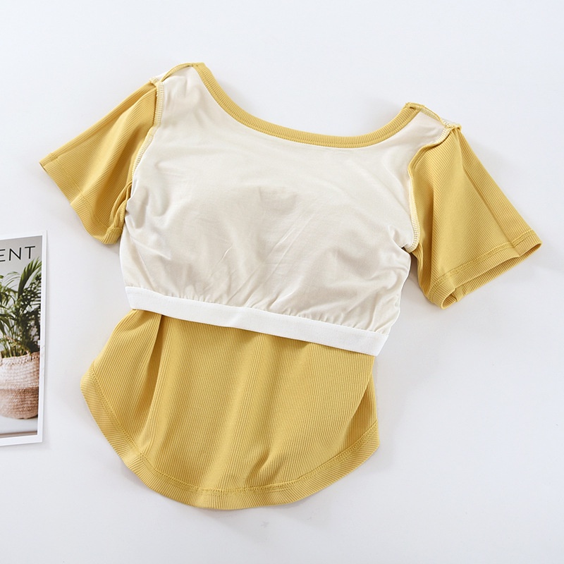 Áo Thun Tay Ngắn Cổ Vuông 2 Trong 1 Có Đệm Ngực Thời Trang Hàn Quốc Cho Nữ