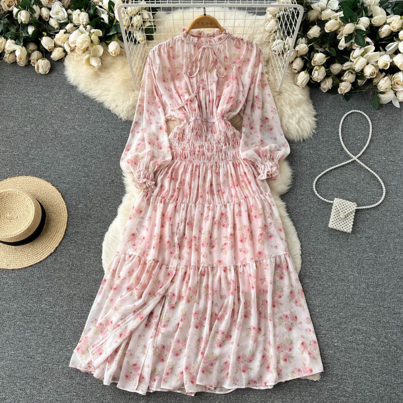 Đầm Dài Xếp Ly Dáng Ôm Tay Phồng In Họa Tiết Hoa Thanh Lịch Thời Trang Xuân Thu Dành Cho Bạn Nữ